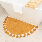 Half Circle Bohemian Bathroom Rug with Tassels & Crochet Insert -Beautifully Handcrafted 100% Cotton Mat - Half Round Boho Bedroom Rug-Boho Bathroom Decor-Slip Resistant Backing-Honey Mustard 42"x22"