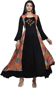 [Yash Gallery] Women's Rayon Jacket Style 3/4 Sleeve Round Neck Long Indian Anarkali Kurtis, Black, X-Large