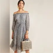 ANTHROPOLOGIE Kira Off The Shoulder Peasant Midi Dress Floral Blue NWT Size 0