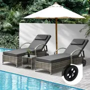 Livsip 2x Wheeled Sun Lounger Day Bed W/ Table Outdoor Setting Patio Furniture