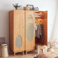 在飛比找蝦皮商城精選優惠-北歐實木衣櫃簡約現代臥室衣櫥小戶型原木組閤櫃日式藤編收納櫃子