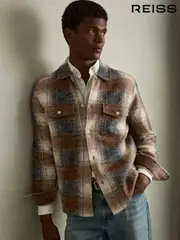 Reiss Brown Marlo Brushed Check Fleece-Lined Overshirt (AB2283) | $395