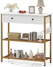 Giantex Entryway Table with Charging Station, Narrow Console Table with 2 Drawers & 2 Metal Mesh Shelves, Coffee Bar Table with Power Outlets for Living Room, Foyer, Couch, White and Gold