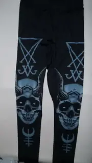 Lucifer sigil & horned skull graphic leggings S black nip metal goth thrash