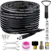 Sewer Jetter Kit for Pressure Washer, 100FT Drain Cleaner Hose 5800PSI 1/4 Inch NPT Corner, Rotating and Button Nose Sewer Jetting Nozzles, Waterproof Tape and 2 Spanners (Black)