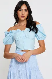 Blue Crop Top Short Sleeve Sweetheart Button Front - Size 12, Women's Crop Top