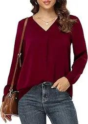 [Anelune] Womens Tops Pleated Lantern Sleeve V-Neck Shirts Elegant Solid Color Loose Fit Casual Chiffon Blouse, Wine Red, S
