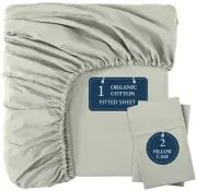 Full Fitted Sheet, 100% Organic Cotton, 3-Piece Set (1 Fitted Sheet,2 Pillowc...
