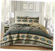 3-Piece Southwestern Geometric Tribal Quilt Set - Multicolor Teal Beige Black