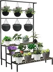 Large Plant Shelf Indoor Outdoor, 3 Tier Heavy Duty Hanging Plant Stand with Bar 39.3"Lx28.3"W, Metal & Wood Flower Ladder Rack, Plant Display Cabinet Shelves Clearance for Garden Patio