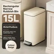 Rectangular Rubbish Bin 15L Beige Tungsten Steel Wastebasket Household with Lid Large Capacity Narrow Bin Bathroom Living Room Toilet