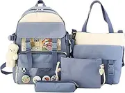 LeoLeoxx Backpack Cute Kawaii Backpack 4Pcs Canvas Backpack Give Away Bear Pendant Pencil Pouch Shoulder Bag Lunch Bag (Color : Blue, Size : One Size) (Blue,One Size)