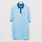 Dunning Golf Coolmax Polo Shirt XXL Cayman Blue Stripe with Contrast Collar