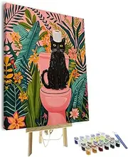 TISHIRON Black Cat Framed Paint by Numbers for Adults, Paint by Number on Canvas Tropical Leaf, Acrylic Painting by Numbers Kits Green Plant, Art Crafts for Home Decor 16"x20"