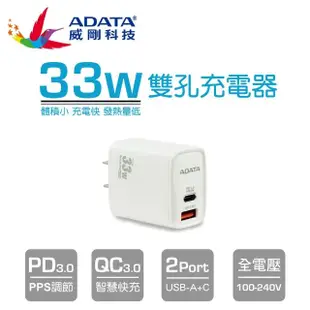 【ADATA 威剛】P33 33W USB-C/A 雙孔 PD快速充電器*(iPhone 15/14/13/12/11 豆腐頭)