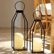 [PERFNIQUE] Modern Farmhouse Lantern Decor, 39cm x 11cm Set of 2 Metal Lanterns, 2 LED 6hr Timer Flickering Flameless Candles, Lanterns Decorative for Outdoor Decor, Home, Indoor, Patio (Black)