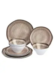 12-Piece Melamine Dinnerware Set - Service for 4, Grey Glaze with Rustic Edge