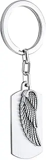 [Bling Jewelry] Personalize Guardian Angel Wing Feather Dog Tag Keychain Key Ring Holder Men Women Oxidized Stainless Steel Customizable