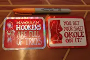 HAWAIIAN OKOLE / HOOKERS Hawaii 80's vtg Surfing Rainbow Prism STICKER -LOT OF 2