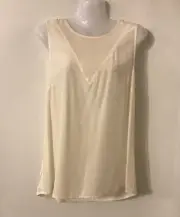 SABA Women Emily Mix Media Tee Size S 10 Ivory Silk Front Sleeveless Round Neck