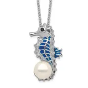 Sterling Silver Cheryl M Rhodium-Plated Enameled Freshwater Cultured Pearl And Brilliant-Cut Cz Seahorse 18 Inch Necklace