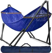 Tranquillo Double Hammock with Stand Included for 2 Persons/Foldable Hammock Stand 600 lbs Capacity Portable Case - Inhouse, Outdoor, Camping (Steel, Blue)