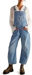 [Qazel Vorrlon] Denim Overalls for Women Barrel Wide Leg Bib Baggy Jeans Adjustable Denim Romper Stretch Jumpsuit Y2K Pants