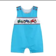Lil Cactus Boys Smocked Jon Jon Tractor Blue NWT 12-18 Mo Embroidered Shortall