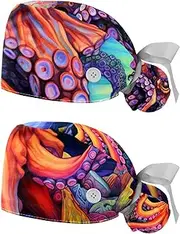 [YTYVAGT] 2-Pc,Nurse Scrub Caps,Scrub Hats with Buttons and Cotton Sweatband,Devilfish in The Oceans Printed