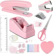 Mini Office Supply Kit Desktop Stationery Stapler Paper Clips Tape Scissors Pink
