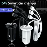 3 IN 1 Fast Charging Car Charger Spring Cable Fast Charging 15W Mixed Single USB Car Charger Compatible With Mobile Phones Laptops Cameras