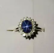 Premium Lab Created Oval shape Star Sapphire, CZ Diamond Silver Cluster Ring