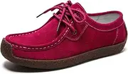 [Sunporx] Women's Lace-up Moccasin Lefse Shoes Driving Leather Oxford Shoe Non-Slip Comfortable Flat Bottom Walking Shoes