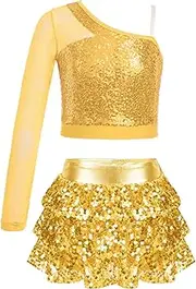 [Fldy] Kids Sequins Dance Show Outfit Girls One Shoulder Jazz Dancewear Latin Rumba Cha Cha Dance Suit