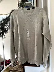 NEW Izod Mens Argyle Sweater Size L Beige/Ivory Long Sleeve Crew Neck Pullover