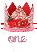 Strawberry 1st Birthday Hat for Baby Girls, and one Cake Topper, Pink Sequin Berry Headband for First Birthday Party Decorations and Photo Props