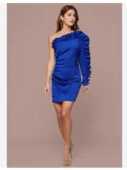 Aidan Mattox One Shoulder Sleeve Riffle Satin Blue Dress Sz 6 Sample Sale