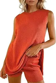 [Yimoon] Women’s Summer Sweater Set 2 Piece Beach Vacation Outfits Sleeveless Tunic Top Matching Shorts Lounge Set