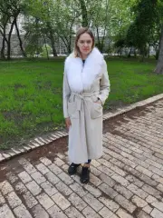 Handmade beige long cashmere coat with real arctic fox fur collar
