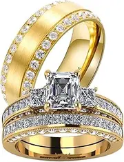 [WRS WEDDING RING SET] Two Rings His Hers Wedding Ring Sets Couples Matching Rings Women's 2pc Yellow Gold Plated Square CZ Wedding Engagement Ring Bridal Sets & Men's Titanium Wedding Band