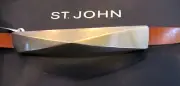 NEW ST JOHN KNIT WOMENS BELT SZ S 32" TO 34" BROWN CAMEL LEATHER PEWTER BUCKLE