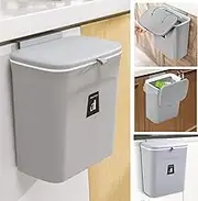 JMBF - Hanging Trash Can for Kitchen Cabinet Door with Lid,Garbage Can for Bathroom/Cupboard/Bedroom/Office -Wall Mounted Counter Waste Compost Bin-Mountable Indoor Compost Bucket | 2.4 Gallon-(Gray)