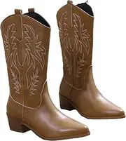 [Hcclijo] Winter White Mid Calf Boots Retro Cowboy Boots Women Fall Pointy Toe Embroidery Cowgirl Booties Shoes