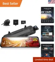 4K 10" Rear View Mirror Camera, Dash Cam Front and Rear for Car with 64GB Car...