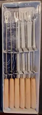 FONDUE FORKS SET of 6 - VINTAGE RETRO - Boxed Wooden Handles Coloured Tops #2
