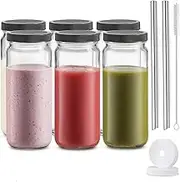 UVwey Travel Glass Drinking Bottle Mason Jar 16 Ounce [6-Pack] Plastic Airtight Lids, Reusable Glass Water Bottle for Juicing, Smoothies, Kombucha, Tea, Milk Bottles, Homemade Beverages Bottle