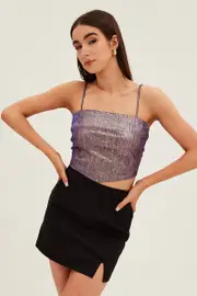 Purple Party Top Sleeveless Crop Scarf Hem Sparkly - Size 10, Women's Cami