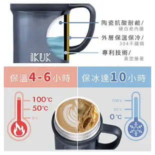 【IKUK 艾可】真陶瓷內膽手把保溫杯410ml(辦公杯 /陶瓷咖啡杯/ 真空保溫杯)(保溫瓶)