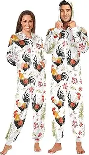 [ZZXXB] Rooster Xmas Pine Cone Onesie Pajamas for Adult Women Men Long Sleeves One Piece Onesies Hooded Sleepwear S - XL