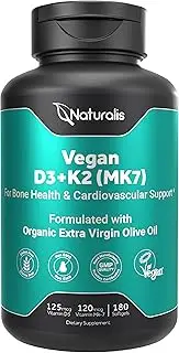 Naturalis Vegan Vitamin D3 + K2 from Algae | 5000iu Vitamin D with 120mcg MK7 Vitamin K | Vegan Society Certified, Sustainably Sourced, Better Than Animal Derived | 180 Veggie Softgels